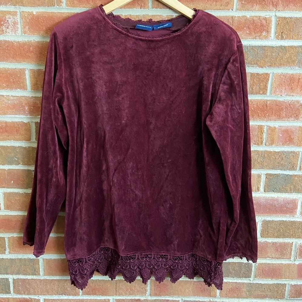 Vintage Liz Sport Red Burgundy Crushed Velvet Top Lace Hem Purple Retro